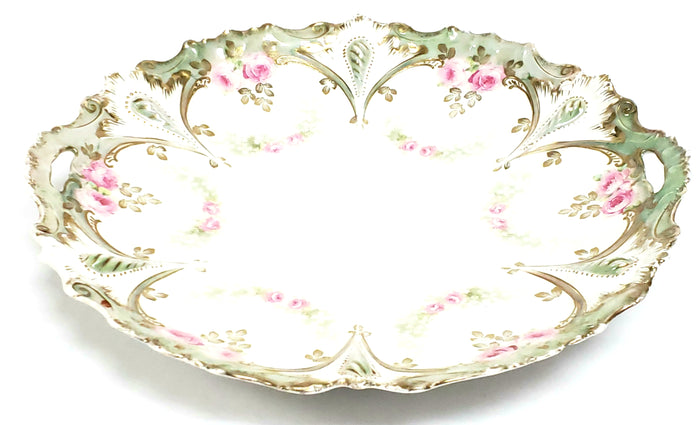 RS Prussia Scalloped Serving Dish w/ Pink Roses w/ Green Swag, Germany c. 1904-1918