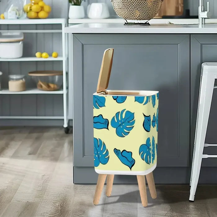 Scandi Square Small Trash Can with Lid Vanilla Yellow with Blue Leaves - One Size - retro tash cans