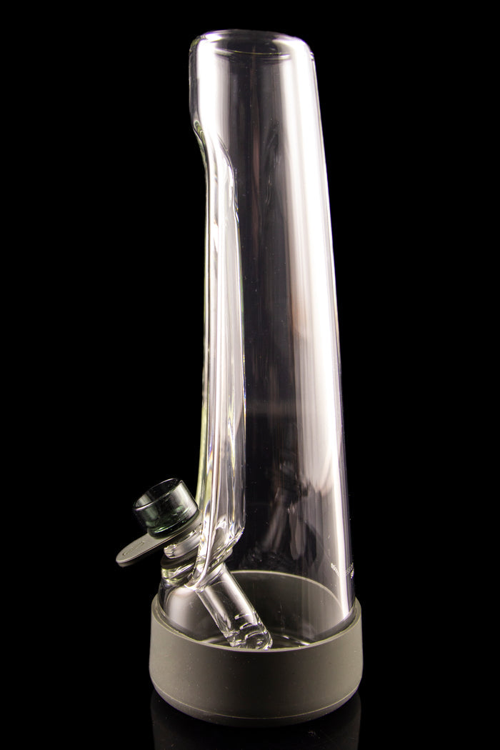 Clear glass bubbler water pipe with a black base, isolated on a black background.