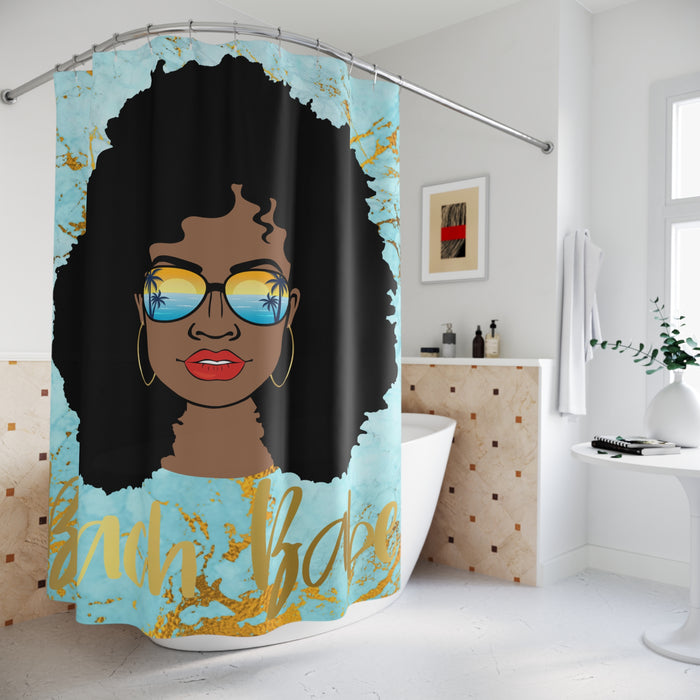 Shower Curtain — Beach Babe Afro Woman Tropical Sunglasses Bathroom Decor