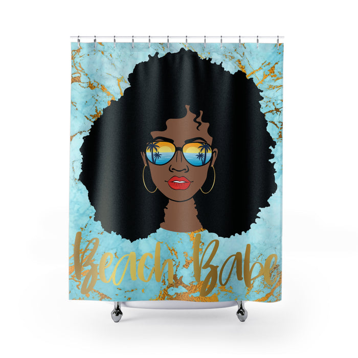 Shower Curtain — Beach Babe Afro Woman Tropical Sunglasses Bathroom Decor