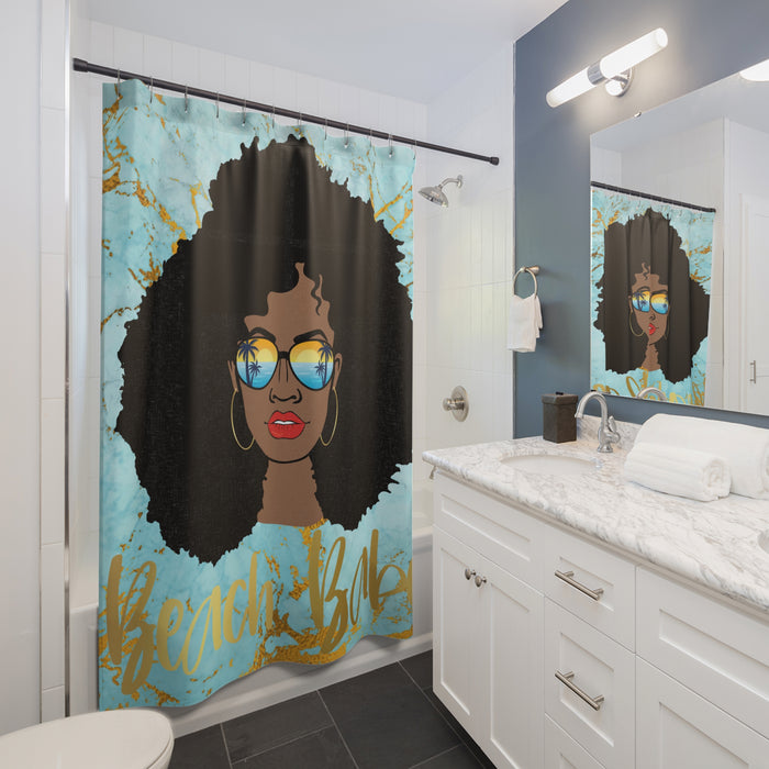 Shower Curtain — Beach Babe Afro Woman Tropical Sunglasses Bathroom Decor
