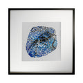 The artwork 'Silhouette' by Kiana Honarmand features an abstract woven pattern in vibrant blue and black checkered design. Hand-cut giclee prints are intricately woven to create a circular formation against a white background, measuring 16x16 inches. The geometric pattern creates a dynamic visual effect with contrasting colors and textures, framed in sleek black. By Kiana Honarmand.