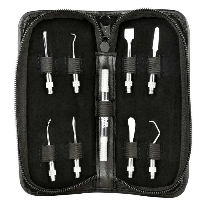 Front view of the Skilletools Travel Kit Dab Handle & Tips neatly arranged inside a black zippered case.