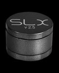 A close-up, angled view of the SLX Ceramic Coated 2.5" Medium Grinder, showcasing its metallic, multi-tiered construction.