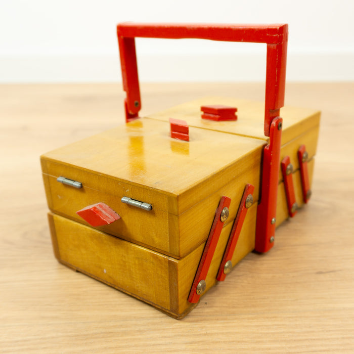 Small 1960s Wooden Cantilever Sewing or Jewelry Box 1 of 2