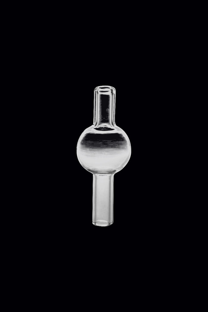Centered front view of a clear Chemical Thermal Bubble Carb Cap against a solid black background, showing its spherical midsection and straight tubular stem.