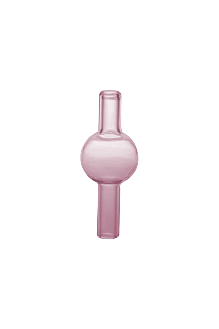 Centered front view of a translucent pink Chemical Thermal Bubble Carb Cap showing its round central bulb and cylindrical stem against a white background