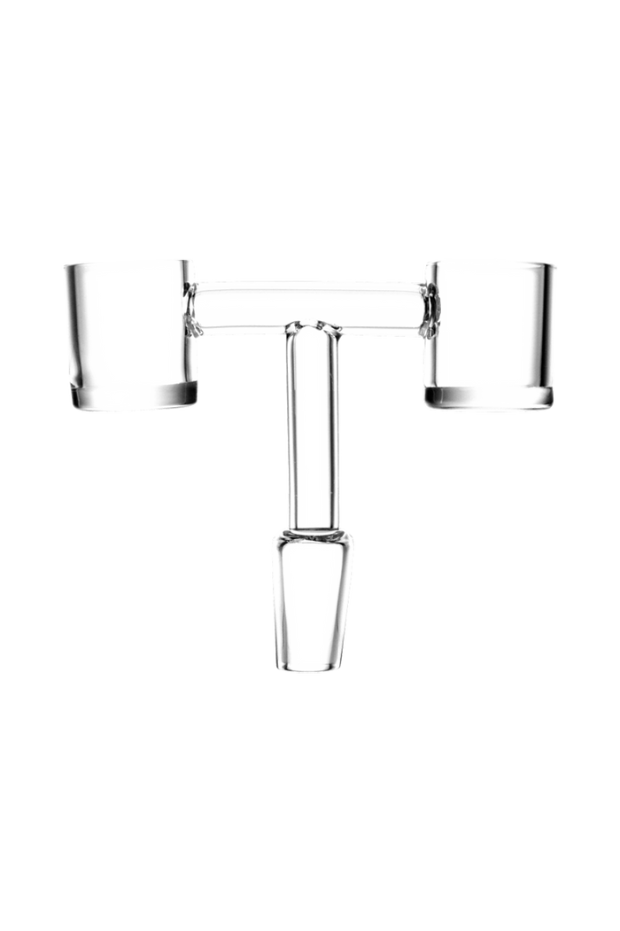 Front view of the Double Barrel Dual Quartz Banger, a 14.5mm male with two clear quartz inserts visible within its cylindrical shape.
