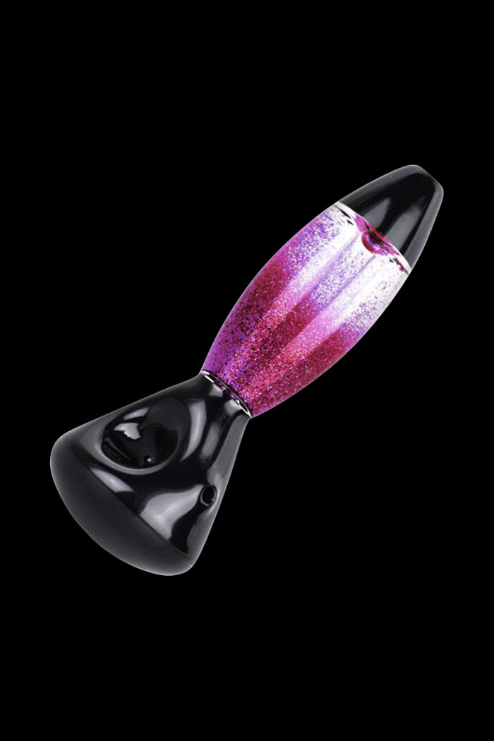 A slightly angled view of the Lava Lamp Freezable Glycerin Hand Pipe, showcasing its vibrant, swirling design against a dark background.