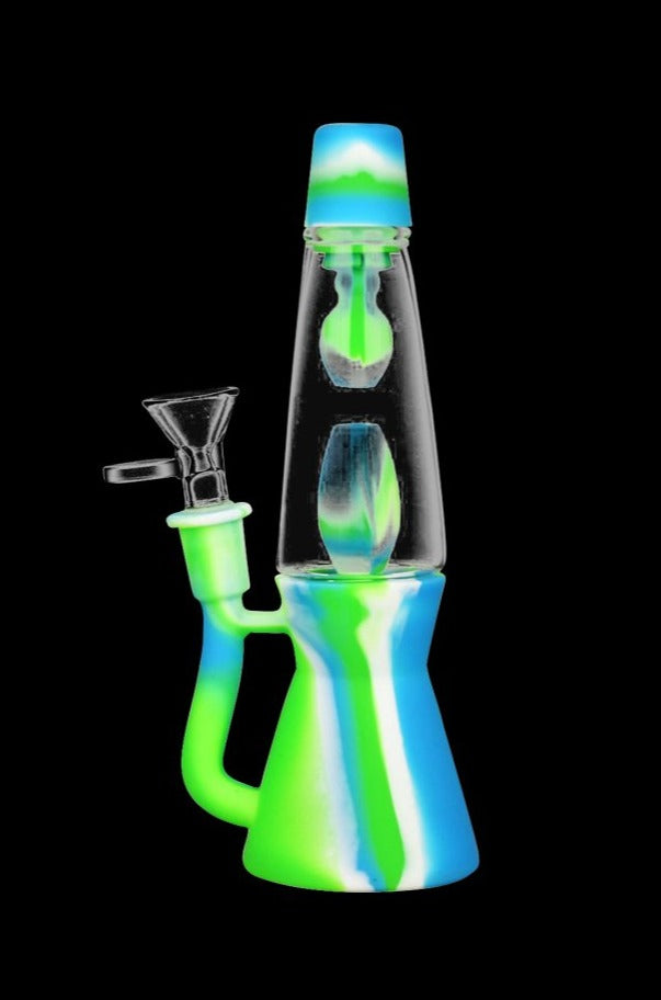 Front view of the Lava Lamp Silicone Water Pipe, a blue silicone pipe with a unique, curved design.
