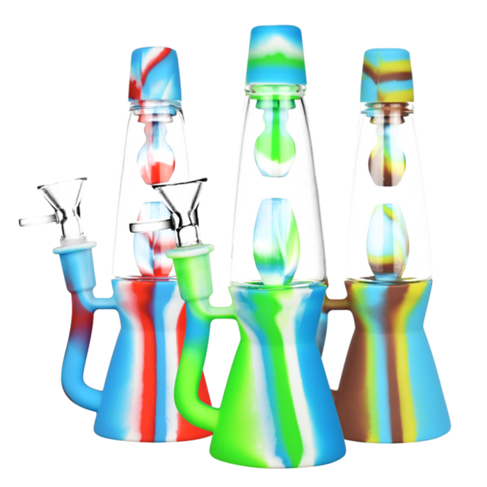 Front view of the Lava Lamp Silicone Water Pipe, showcasing its colorful, textured design in a studio lighting setup.