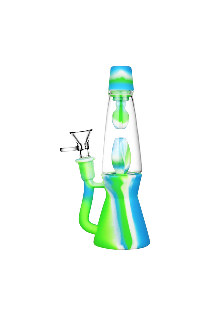 Front view of the Lava Lamp Silicone Water Pipe, a vibrant, translucent green pipe with a curved neck, set against a plain white background.