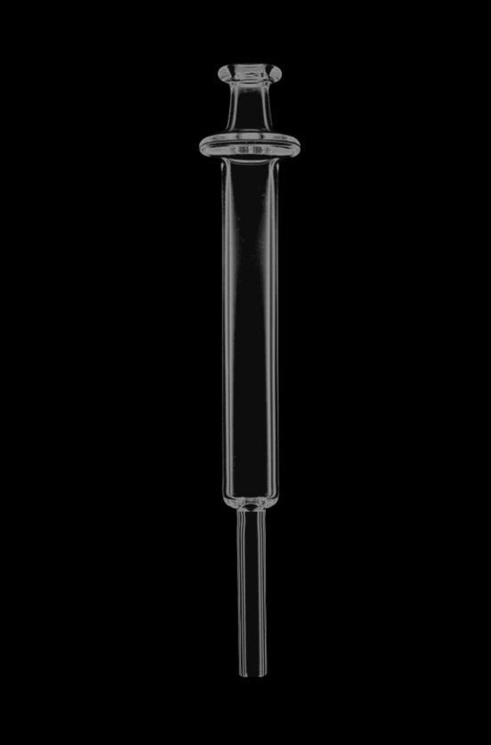 A straight-on view of the Quartz Minimalist Syringe Dab Straw, showcasing its sleek, clear glass construction.