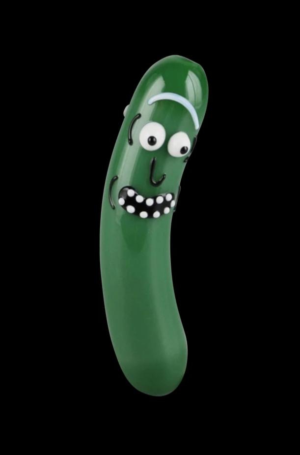 A studio shot of The Pickle Hand Pipe, a green, sculpted glass pipe resembling a pickle.
