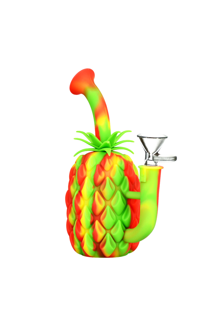 Front three-quarter view of The Pineapple Bong - Silicone Bong with Glass Bowl in vibrant red, yellow, and green pineapple shape.