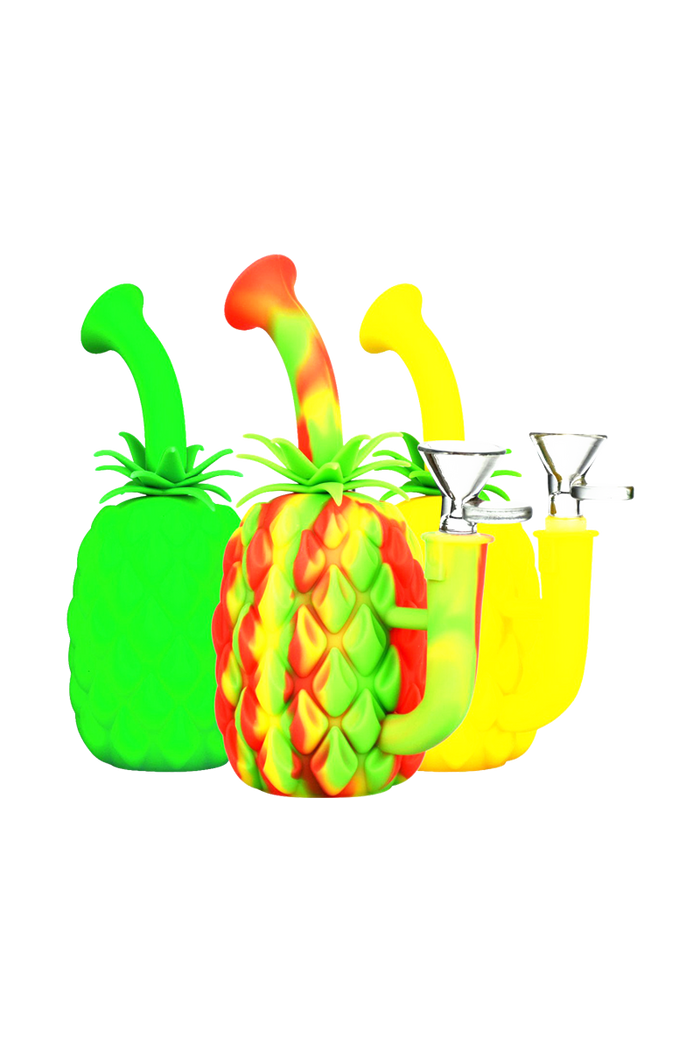 Front view of three colorful pineapple-shaped silicone bongs with glass bowls, centered on the Pineapple Bong - Silicone Bong with Glass Bowl.