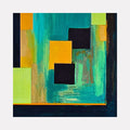 The artwork 'Spring Rain' by Vanessa Ryan features a modern abstract composition with geometric squares in vibrant yellow and black, set against a dynamic turquoise background. The painting showcases bold brushstrokes and textured layers of acrylic paint, creating a contemporary interplay of warm and cool tones with touches of lime green, creating a fresh, energetic aesthetic on canvas.