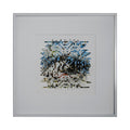 The artwork 'Sprout' by Kiana Honarmand features an abstract geometric composition of hand-cut and woven giclee prints. Black and blue fragments create a pixelated, mosaic-like pattern against a white background, suggesting organic growth through angular shapes. The 16x16 inch piece combines modern digital aesthetics with traditional weaving techniques.