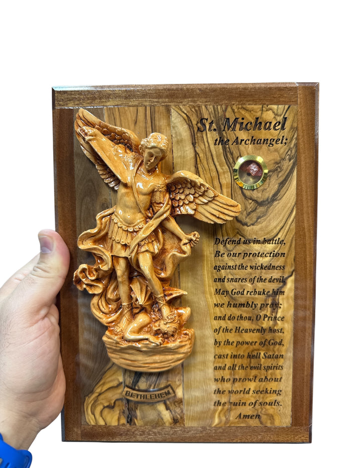 St. Michael the Archangel – Olive Wood Plaque with Prayer & Incense