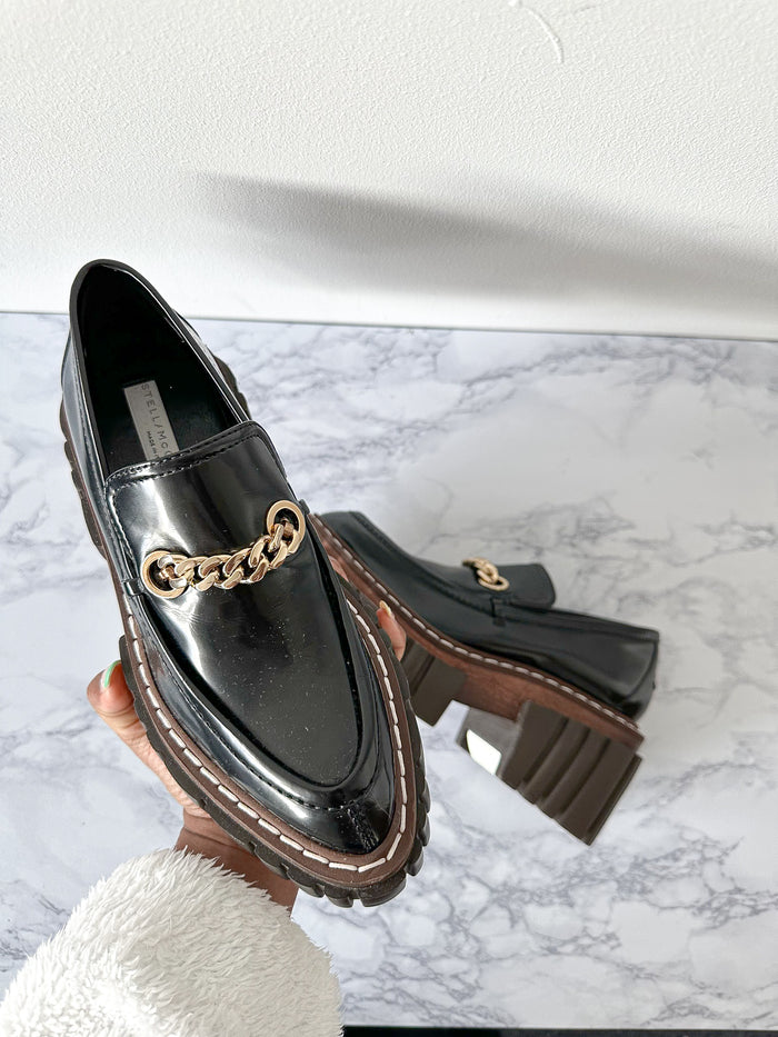 STELLA MCCARTNEY Black Emilie Chain-Strap Faux-Leather Platform Loafers (EU 35)