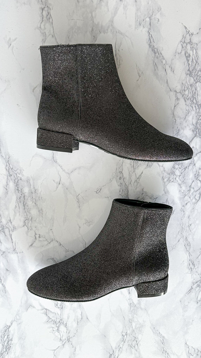Stuart Weitzman Glitter Sparkly Black Block Heel Boots Booties