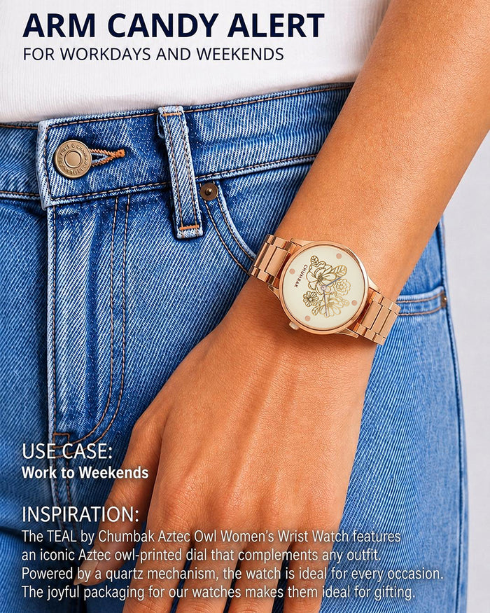 TEAL by Chumbak abstract Peacock Watch, Metal link Strap