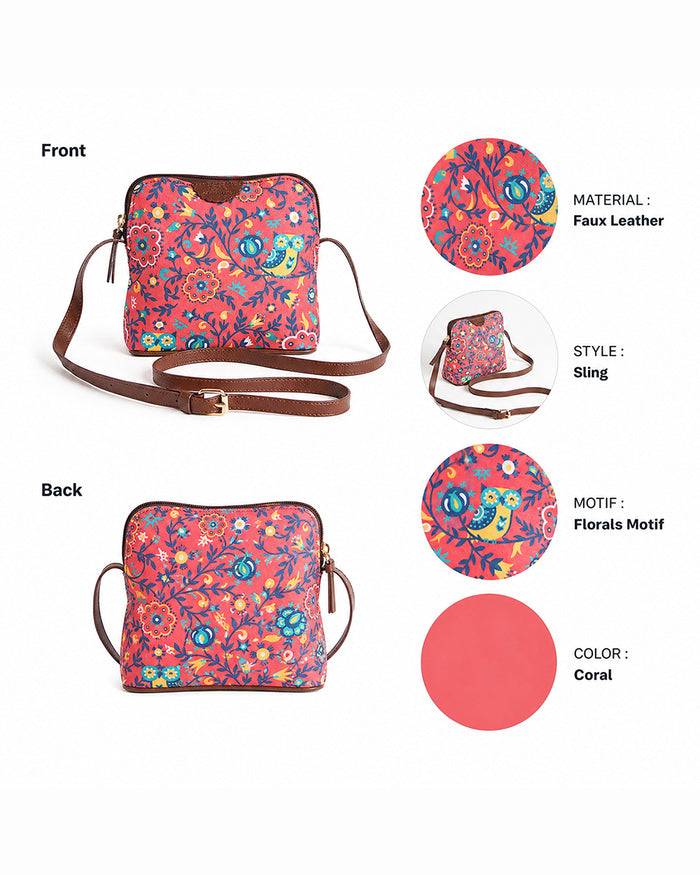 Teal By Chumbak Bukhara Blooms and Boons Sling Bag - Coral