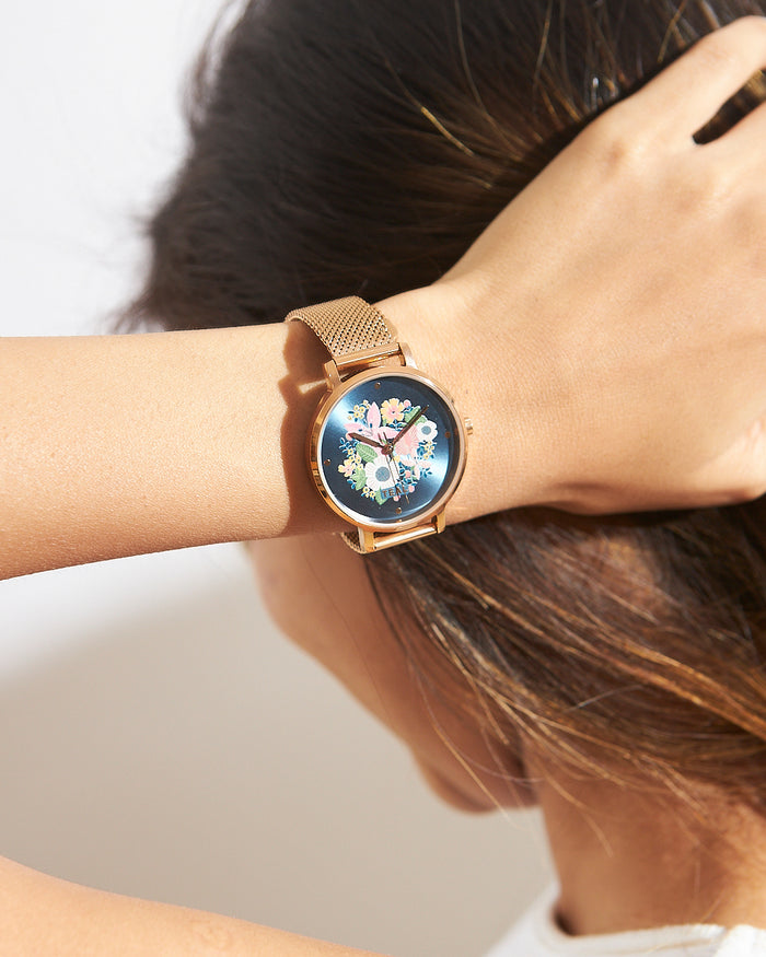 Teal by Chumbak Wildflower Watch Metal | Mesh Strap - Rose Gold