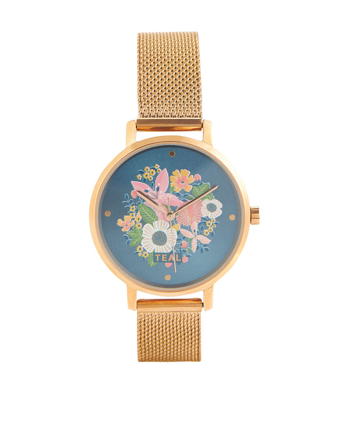 Teal by Chumbak Wildflower Watch Metal | Mesh Strap - Rose Gold