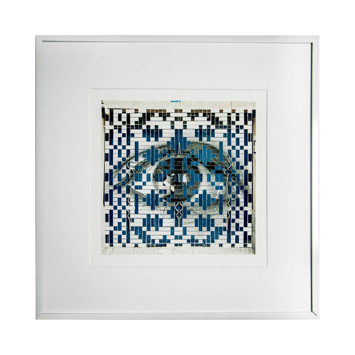 The artwork 'The Blue Door' by Kiana Honarmand features an intricate geometric pattern in black and vibrant blue tones, created through hand-cut and woven giclee prints. The 18x18 inch piece showcases a symmetrical mosaic-like design with a central doorway motif, surrounded by pixelated patterns reminiscent of traditional Persian architectural elements. The composition balances negative white space with bold geometric shapes. By Kiana Honarmand.