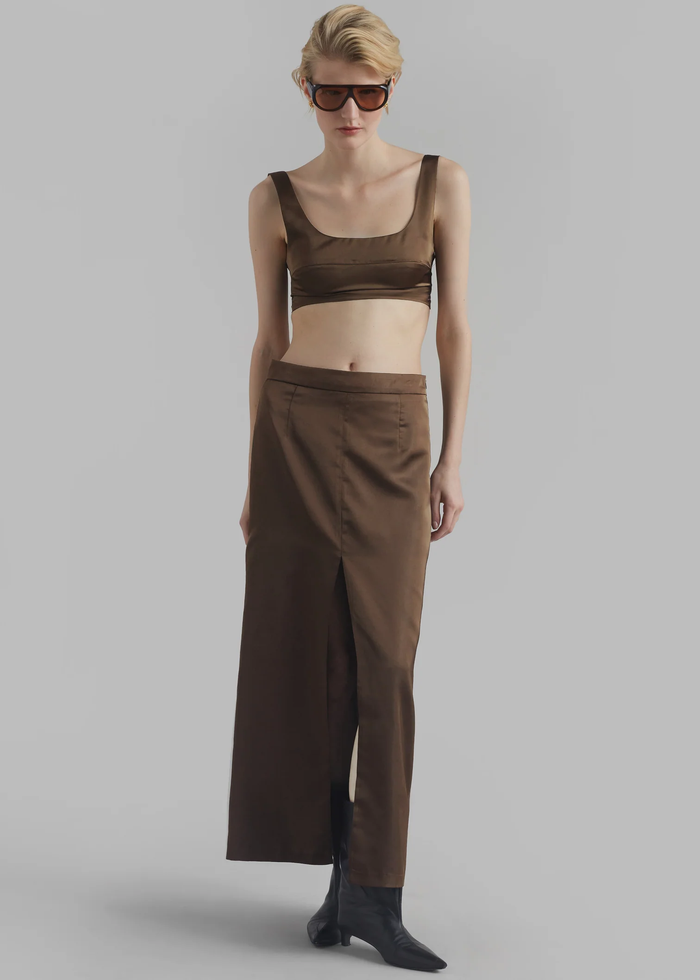 The Frankie Shop Kacey Brown Satin Split Front Midi Skirt