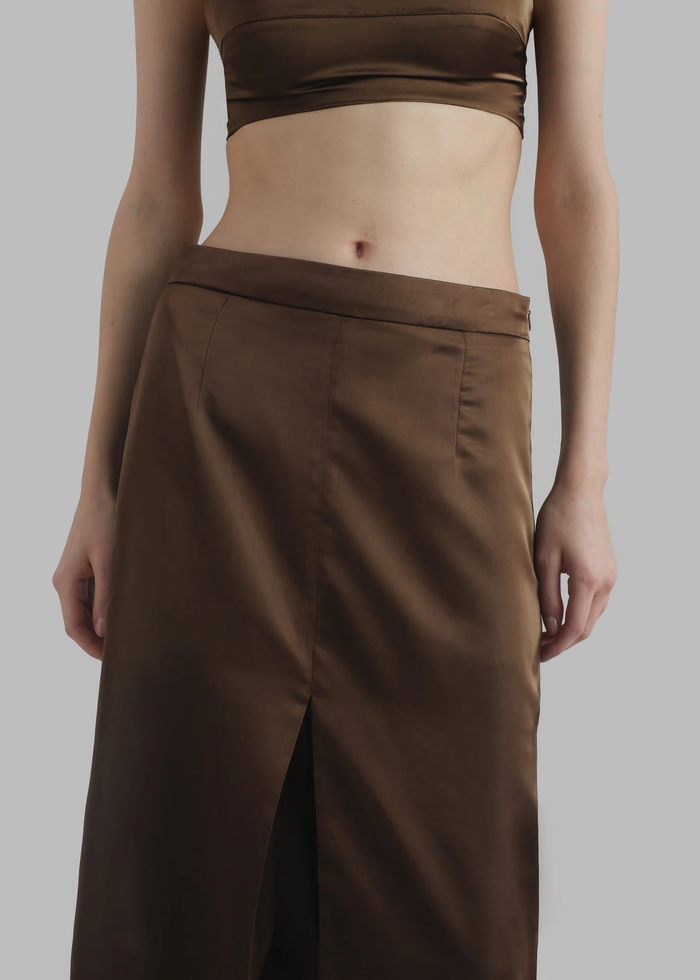 The Frankie Shop Kacey Brown Satin Split Front Midi Skirt