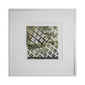 The artwork 'The Green Door' by Kiana Honarmand features an intricate mosaic pattern of hand-cut and woven giclee prints in a 16x16 inch composition. The design showcases a pixelated effect in shades of olive green, black, and white, creating an abstract geometric pattern that resembles a digitally distorted doorway. Framed in crisp white matting, the piece exhibits contemporary artistic technique.