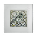 The artwork 'The Once Precious...' by Kiana Honarmand features an intricate mosaic pattern created from hand-cut and woven giclee prints. The geometric composition displays a pixelated effect in shades of gray, white, and subtle blue tones, arranged in a mesmerizing checkerboard pattern within a crisp white frame. The 18x18 inch piece creates an abstract, digital-inspired aesthetic.