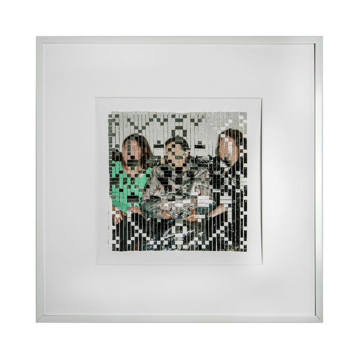 The artwork 'The Three Graces' by Kiana Honarmand features a woven photo collage with geometric pixelated patterns in black, white, and mint green. Hand-cut giclee prints create a mesmerizing abstract mosaic effect with vertical stripes and zigzag patterns, framed in clean white matting. 16x16 inches contemporary wall art.
