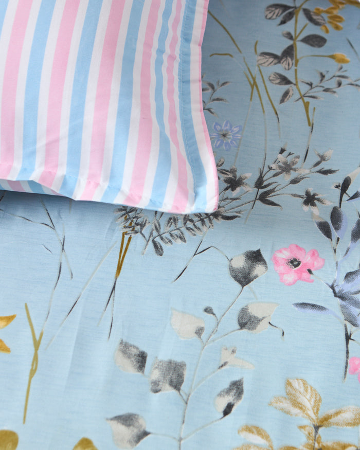 Tiny Bloom, Sky Blue -  Queen Size Bedsheet Polycotton