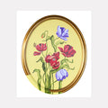 The artwork 'Tulips and Wings III' by Carlos Gamez de Francisco features delicate red tulips and purple iris blooms against a soft yellow background, presented in an oval golden frame. The botanical composition shows graceful green stems and leaves with a watercolor-like quality, created in acrylic on canvas, capturing the elegant interplay of floral elements.