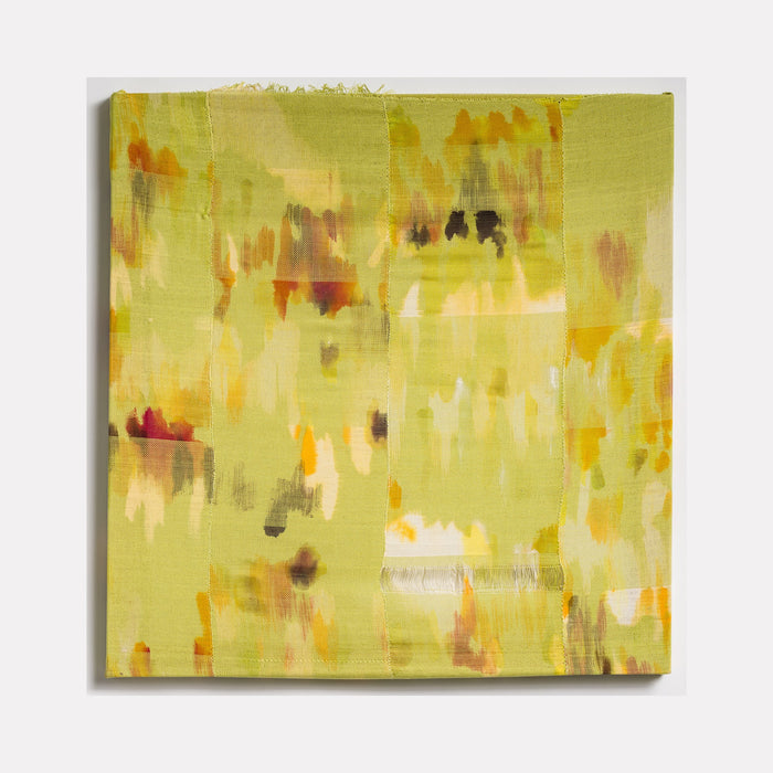 The artwork 'Untitled 13' by Victoria Manganiello features abstract brushstrokes in vibrant yellows, chartreuse, and burnt orange hues blending seamlessly across natural and synthetic fibers. The 38x36 inch textile piece displays a impressionistic pattern with subtle color variations and ethereal texture creating a luminous, dreamlike quality.