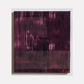 The artwork 'Untitled 158' by Victoria Manganiello features abstract vertical streaks in deep burgundy and black tones on textured fabric. Natural and synthetic fibers create a moody composition with painterly brushstrokes, displaying varying intensities of purple hues against darker shadows, measuring 26.5 x 24 inches.