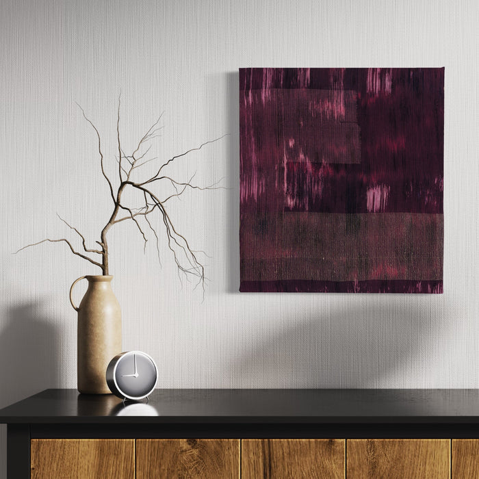 The artwork 'Untitled 158' by Victoria Manganiello features abstract textural patterns in deep burgundy and plum tones created with natural and synthetic fibers. The woven composition displays vertical brushstroke-like elements against a darker background, creating a rich, textural depth. The piece measures 26.5 x 24 inches and exhibits a contemporary minimalist aesthetic through its monochromatic color palette. - Victoria Manganiello