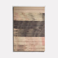 The artwork 'Untitled 69' by Victoria Manganiello features horizontal bands of contrasting colors, with soft beige and blush tones separated by a bold charcoal stripe across the center. The textile piece showcases a weathered, brushstroke-like texture created through natural and synthetic fibers, measuring 54 by 38 inches.