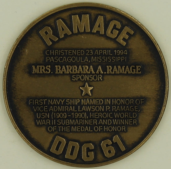USS Ramage DDG-61 Christened 1994 Navy Challenge Coin