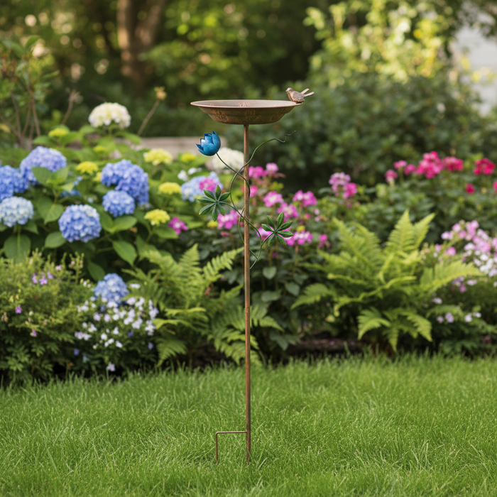 VERDIGRIS BIRD BATH FEEDER WITH BLUE FLOWER ON STAKE