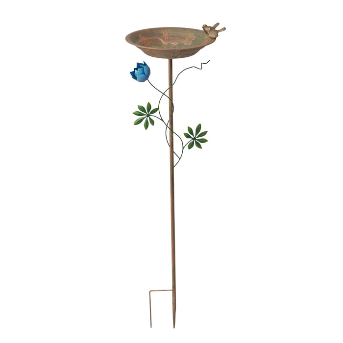 VERDIGRIS BIRD BATH FEEDER WITH BLUE FLOWER ON STAKE