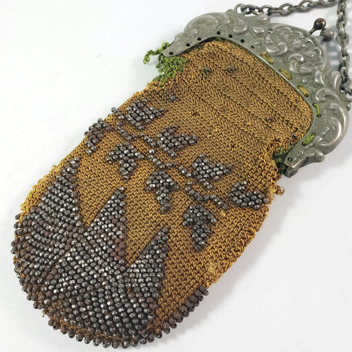 Victorian Beaded Coin Purse Chatelaine Clip and Chain Ornate Framework