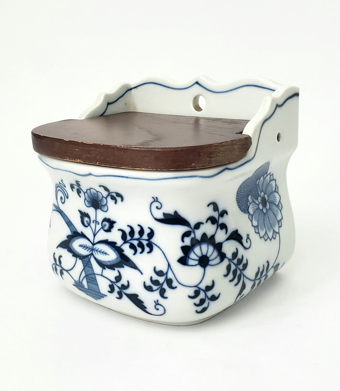 Vintage BLUE DANUBE Porcelain Salt Box Wooden Lid Script Ribbon Banner Mark