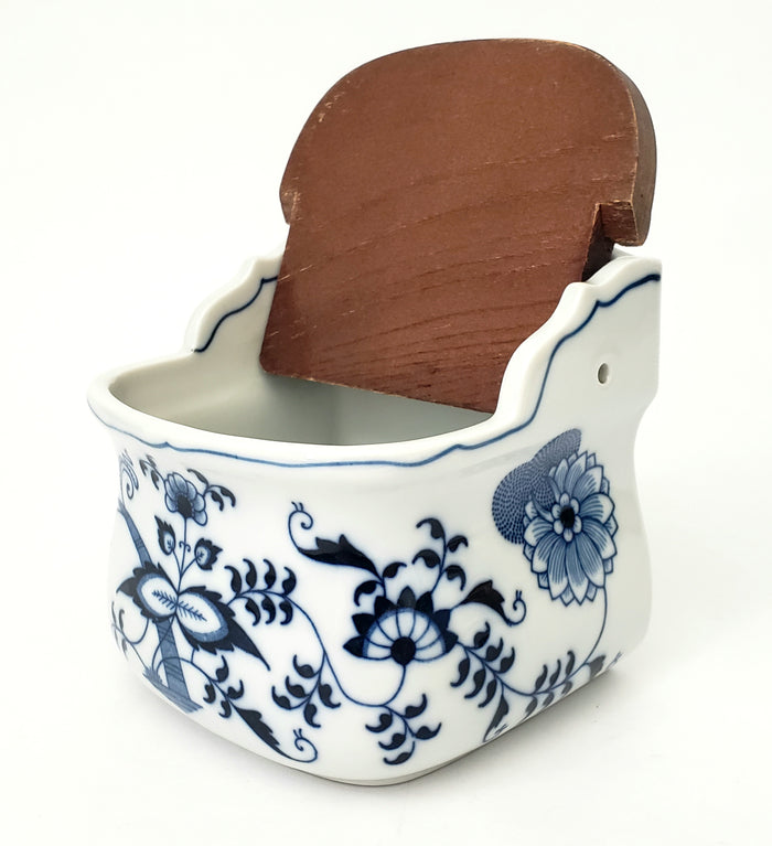 Vintage BLUE DANUBE Porcelain Salt Box Wooden Lid Script Ribbon Banner Mark