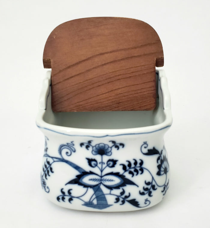 Vintage BLUE DANUBE Porcelain Salt Box Wooden Lid Script Ribbon Banner Mark