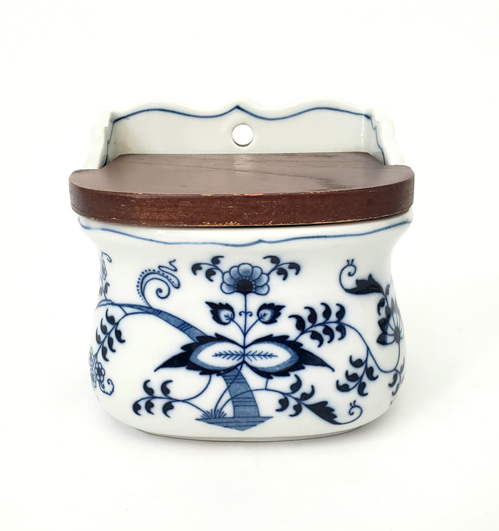 Vintage BLUE DANUBE Porcelain Salt Box Wooden Lid Script Ribbon Banner Mark